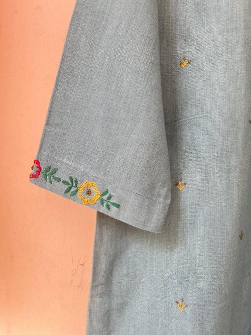 Quarry Grey Hemp Round neck embroidered kurta