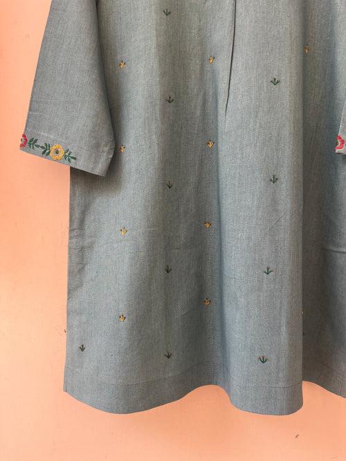 Quarry Grey Hemp Round neck embroidered kurta