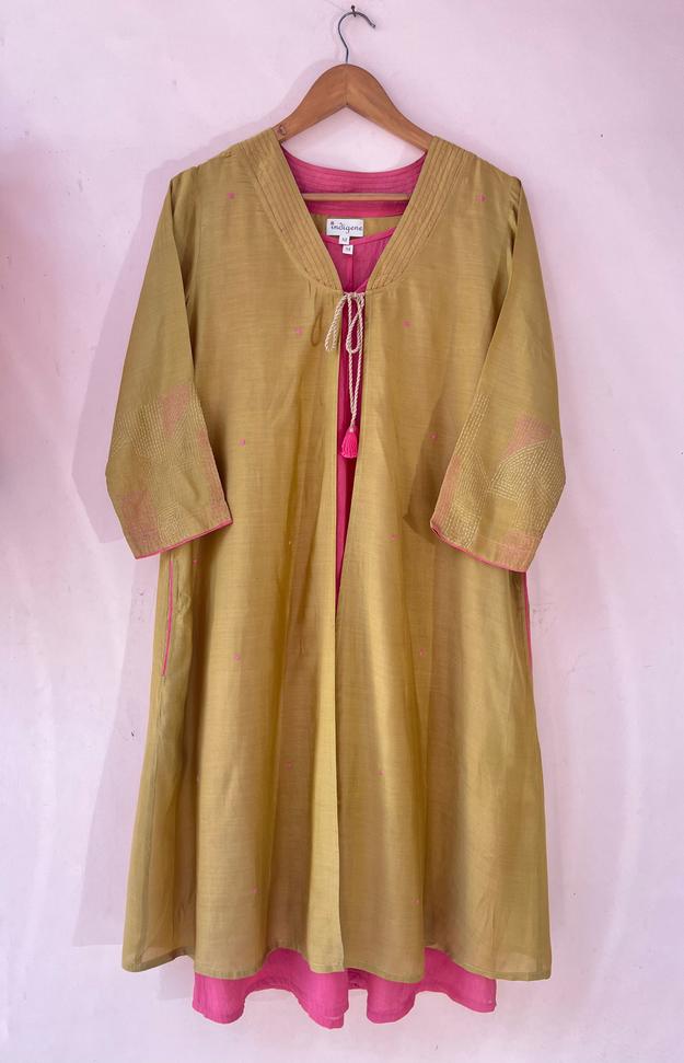 Ochre layered embroidered V neck kurta