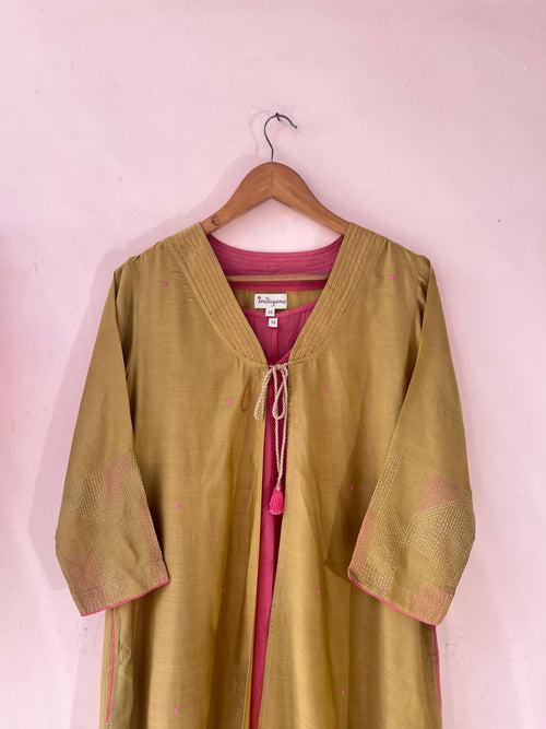 Ochre layered embroidered V neck kurta