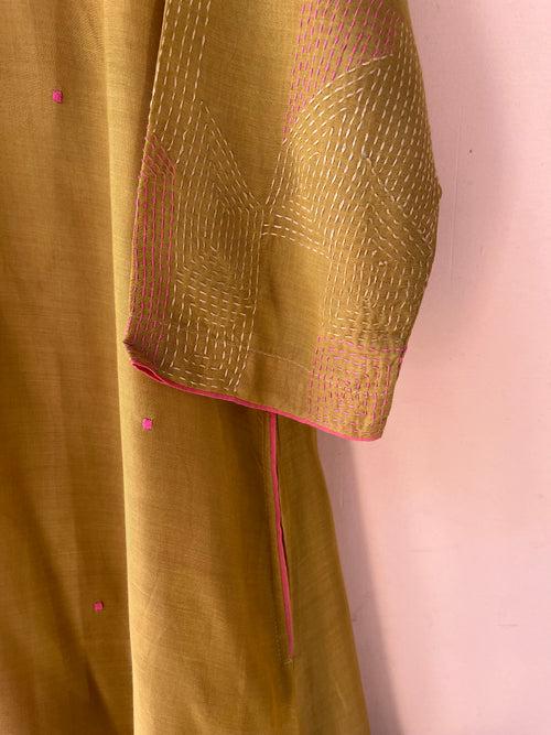 Ochre layered embroidered V neck kurta