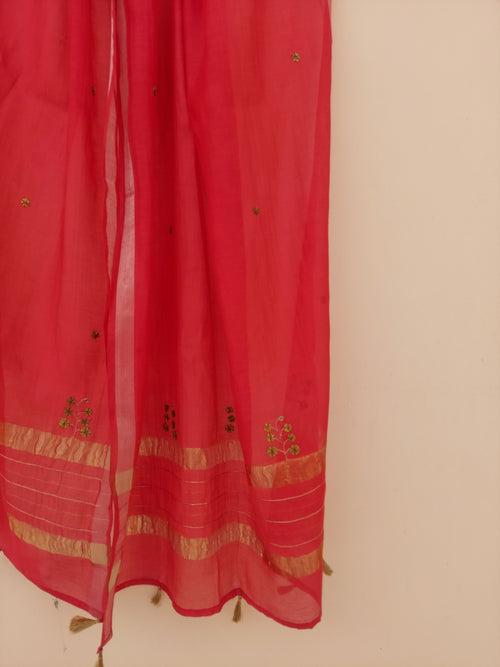 Handwoven Chanderi Zardozi Stole Sinduri Red