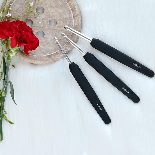 Knitpro Silver Aluminium Crochet Hook with black soft feel handle - Single Ended