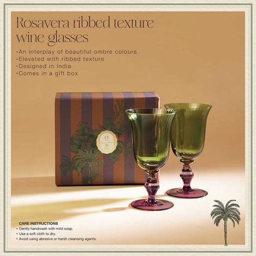 Set of 2 Green & Burgundy Rosavera Ribbed Texture Wine Glasses