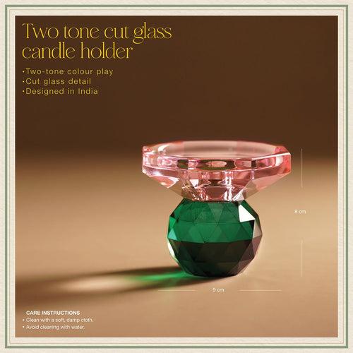 Pink & Green Two Tone Cut Glass Candle Holder