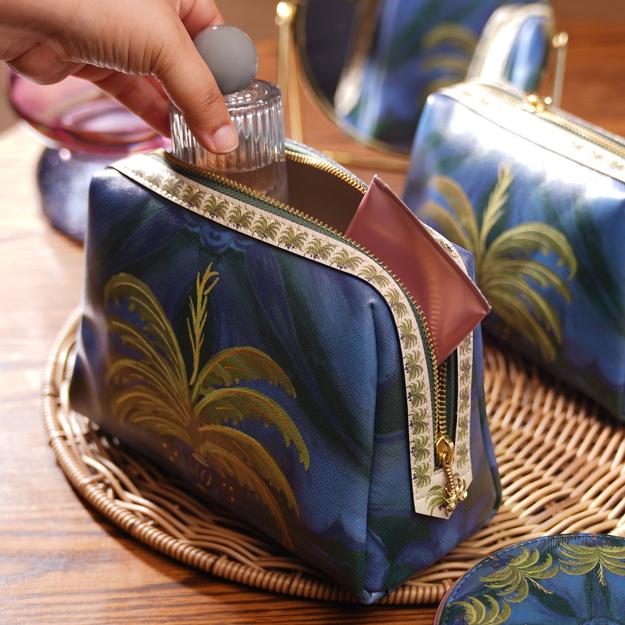 Dark Blue Palmas Printed Faux Leather Vanity Pouch - Large