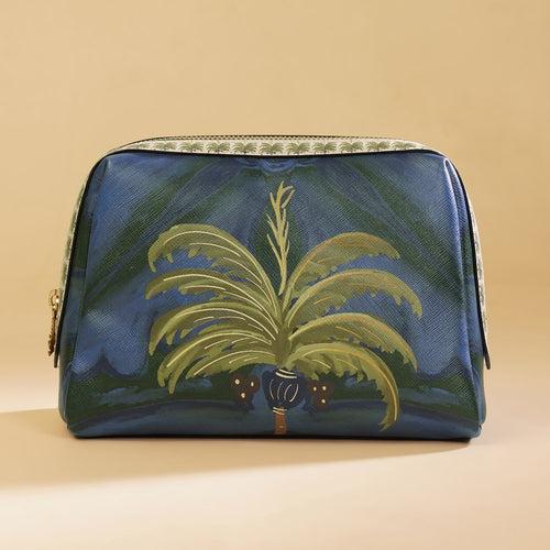 Dark Blue Palmas Printed Faux Leather Vanity Pouch - Large