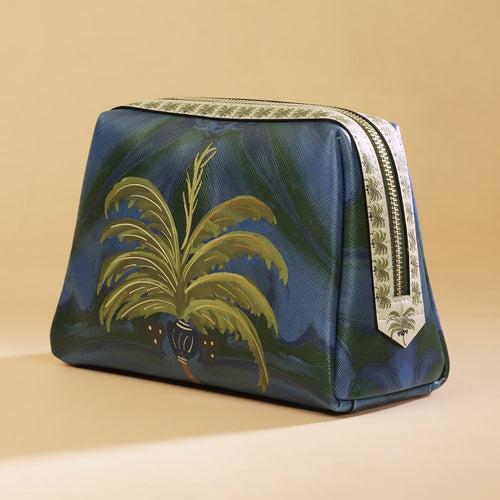 Dark Blue Palmas Printed Faux Leather Vanity Pouch - Large