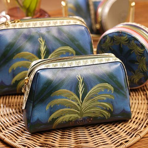 Dark Blue Palmas Printed Faux Leather Vanity Pouch - Small