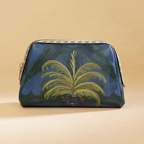 Dark Blue Palmas Printed Faux Leather Vanity Pouch - Small