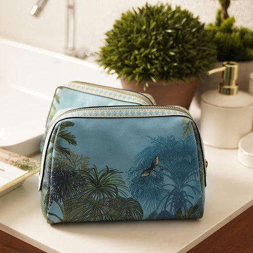 Blue Bergamo Printed Faux Leather Vanity Pouch - Large