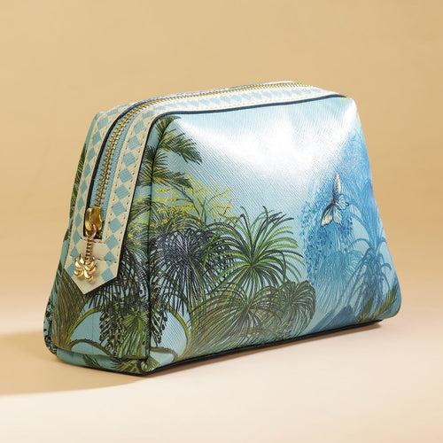 Blue Bergamo Printed Faux Leather Vanity Pouch - Small