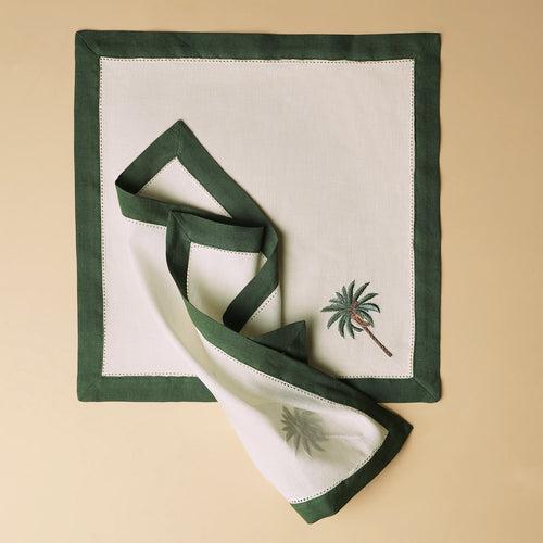 Set of 4 Green Palm Motif Linen Napkins