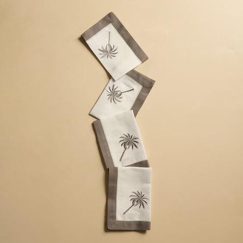 Set of 4 Grey Palm Motif Linen Napkins