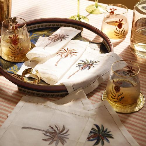 Set of 6 Off White Linen Palm Motif Cocktail Napkins