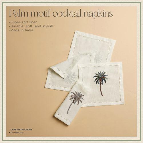 Set of 6 Off White Linen Palm Motif Cocktail Napkins