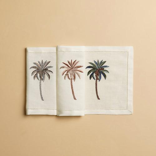 Set of 6 Off White Linen Palm Motif Cocktail Napkins