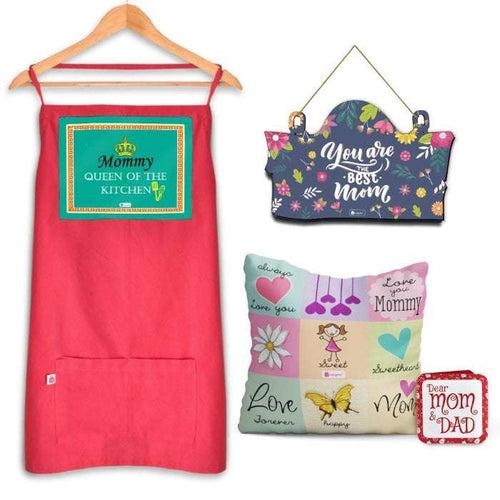 Mummy is Queen of Kitchen Printed Apron with Cushion, wall hanging Gifts for Mother