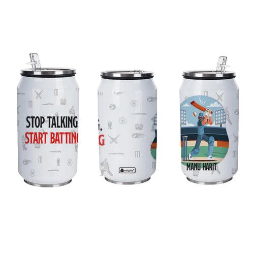 Stop Talking Start Batting Personalised Sipper Can With Lid And Straw - 350 ML