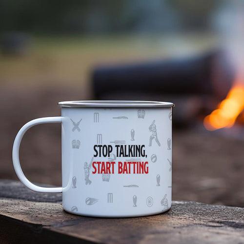 Personalised Stop Talking Start Batting Printed Enamel Mug - Customize Mug With Your Name