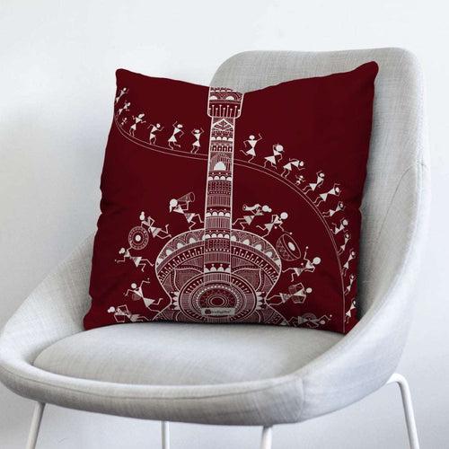 Mandala Themed Musical Instruments Printed 4 Red Cushion with Covers For Home Decor