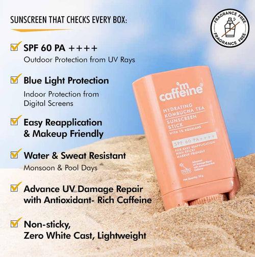 Hydrating Kombucha Tea Sunscreen Stick with 1% Squalane SPF 60 PA++++ | Ceramides & Hyaluronic Acid - 20g