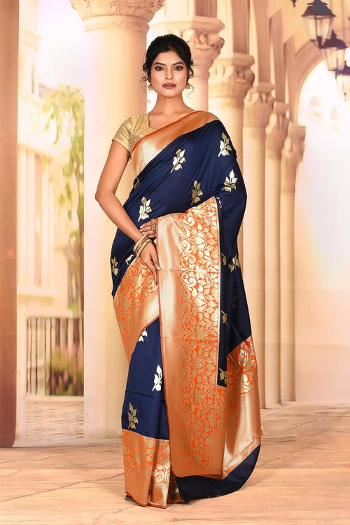 Deep Blue Orange Semi Silk Saree