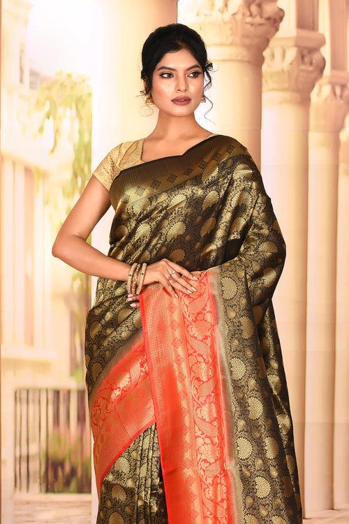 Black Red Semi Silk Saree