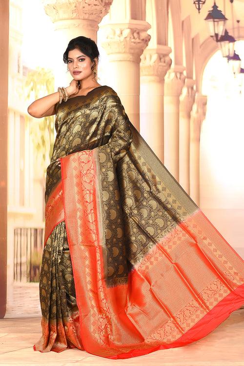 Black Red Semi Silk Saree