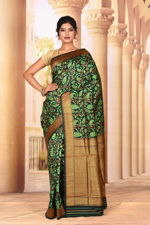 Black Green Semi Silk Saree