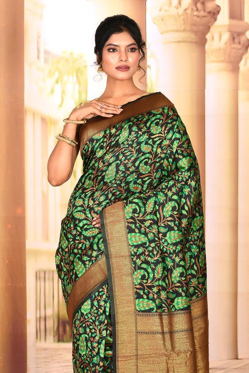 Black Green Semi Silk Saree