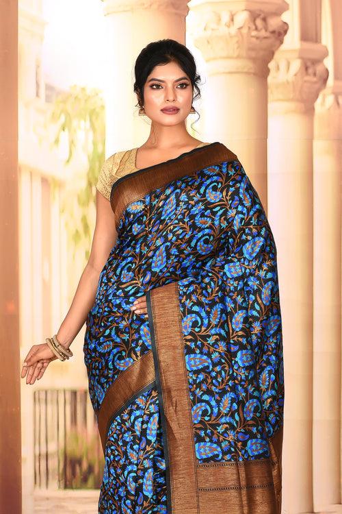 Blue Black Semi Silk Saree