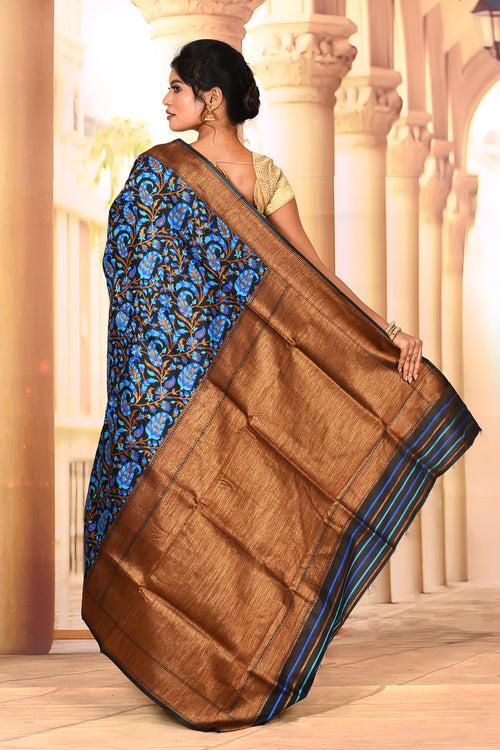 Blue Black Semi Silk Saree