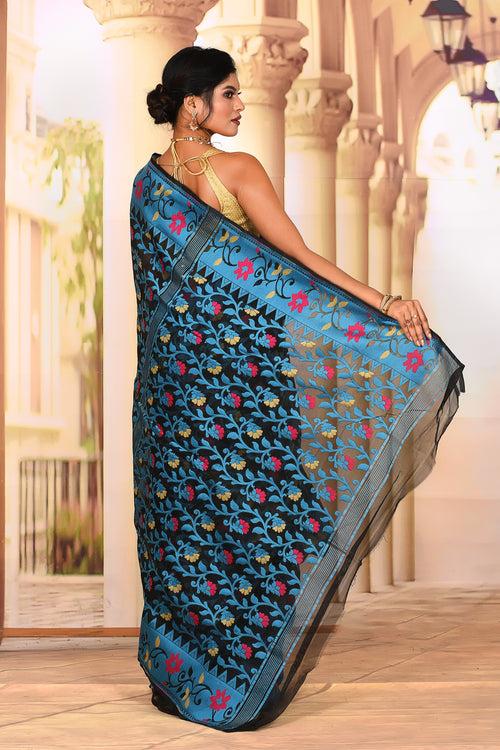 Lightweight Black Blue Jamdani Saree