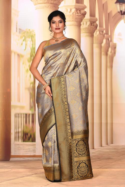 Pretty Grey Gold Semi Silk Saree