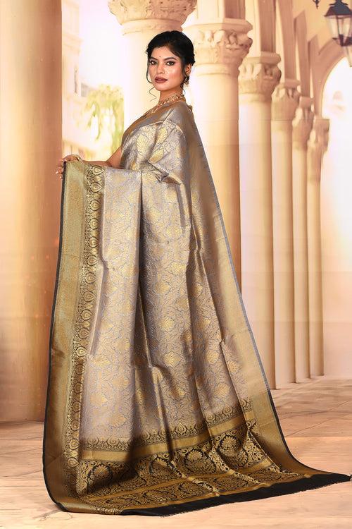 Pretty Grey Gold Semi Silk Saree