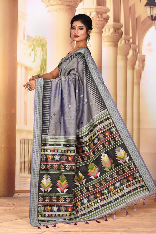 Beautiful Grey Tussar Silk Saree