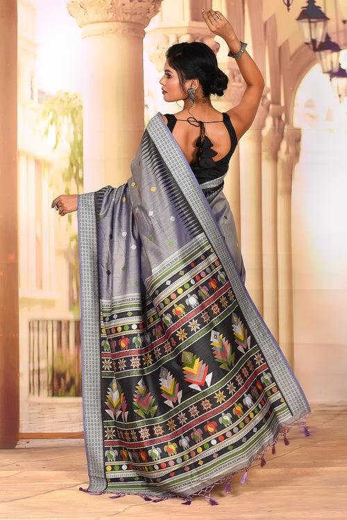 Beautiful Grey Tussar Silk Saree