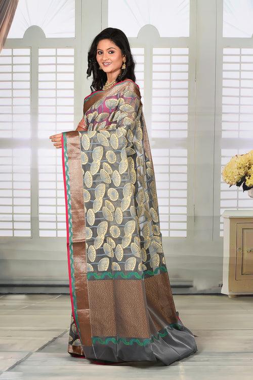 Grey with Mushroom Design Organza Saree