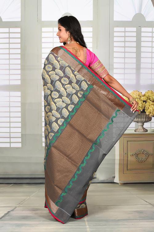 Grey with Mushroom Design Organza Saree