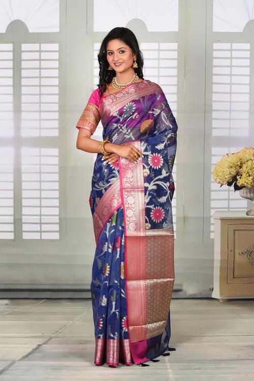 Navy Blue Floral Organza Saree with Pink Border