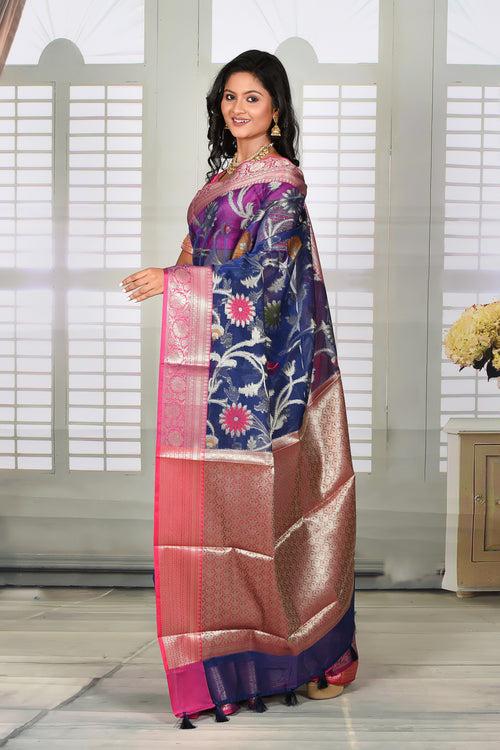 Navy Blue Floral Organza Saree with Pink Border