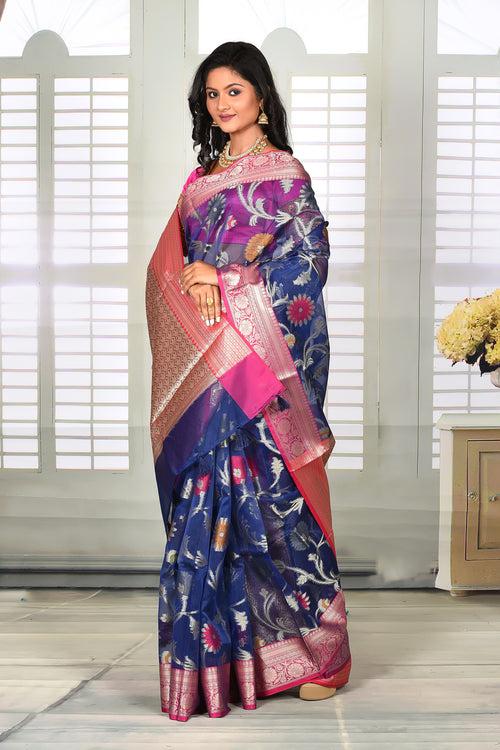 Navy Blue Floral Organza Saree with Pink Border