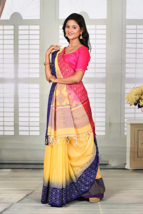 Lemon Cotton Handloom Saree with Ganga-Jamuna Border