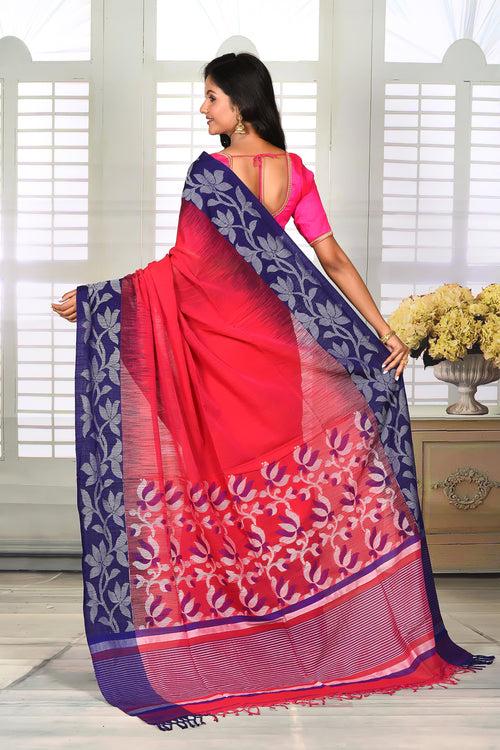 Pink and Blue Cotton Handloom Saree