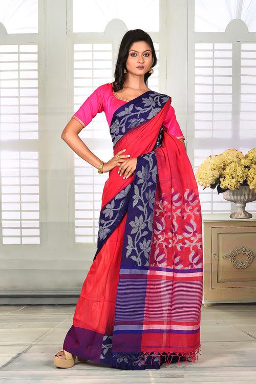 Pink and Blue Cotton Handloom Saree