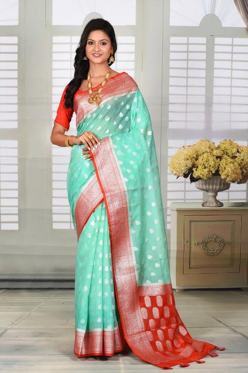 Light Green Tissue Saree with Red Border