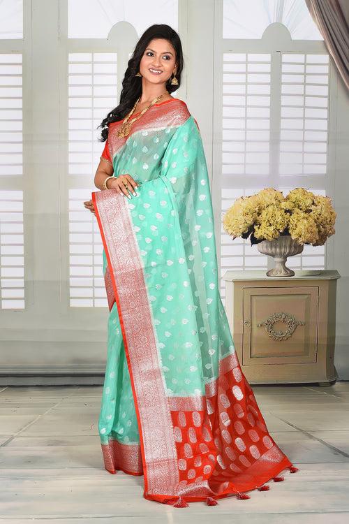 Light Green Tissue Saree with Red Border