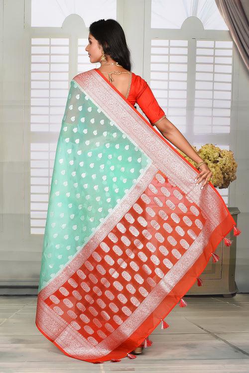 Light Green Tissue Saree with Red Border