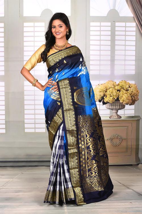 Blue Half & Half Semi Silk Saree